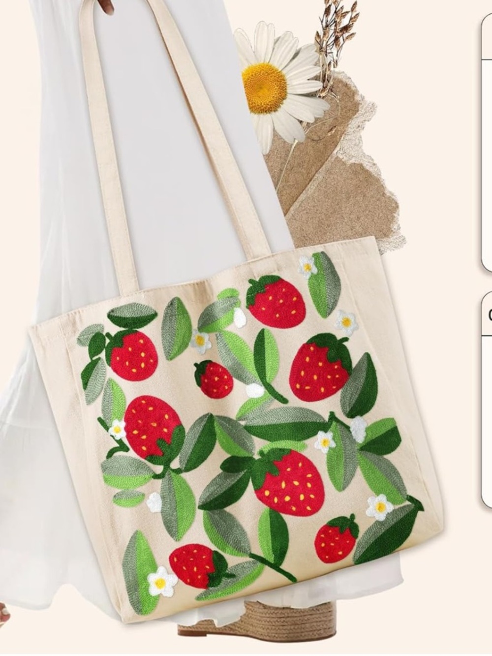 Strawberry embroidered canvas tote bag